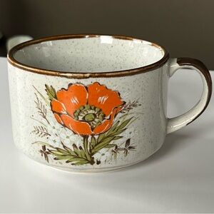 Otagiri Japan stoneware soup mug, orange poppy w/ brown trim
